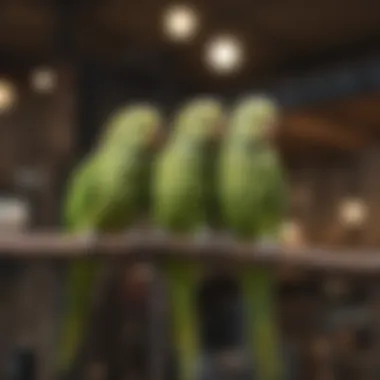 Parakeets socializing and interacting in a spacious aviary.