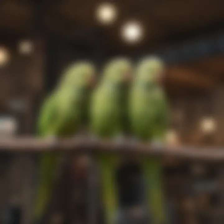 Parakeets socializing and interacting in a spacious aviary.