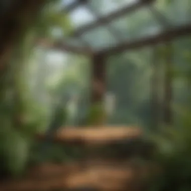 Spacious Aviary Design for Parakeets A spacious aviary designed for parakeets featuring natural foliage and climbing structures.