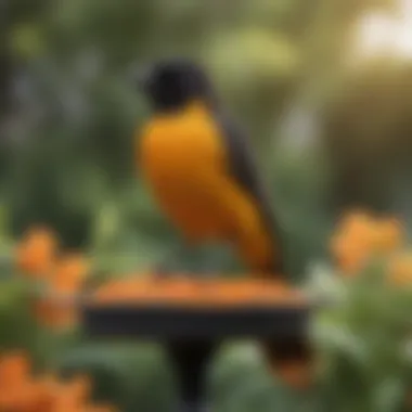 Strategic placement of a Baltimore Oriole feeder in a garden