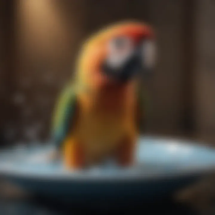 A parrot playfully splashing in a shallow dish