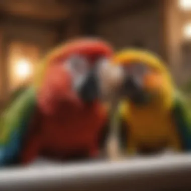 A vibrant parrot preening its feathers after a bath