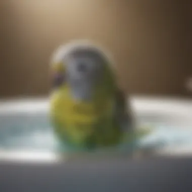 Budgie in a Refreshing Bath A vibrant budgie enjoying a refreshing bath in a shallow dish filled with water.