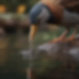 A close-up of a bird dipping its beak into a water source