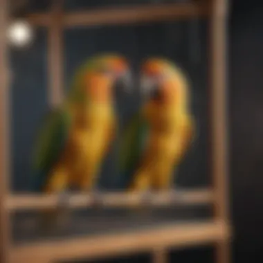 Close-up of natural wooden perches in a parrot cage