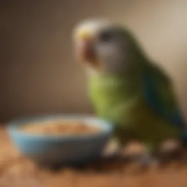 Happy parakeet enjoying a bowl of pellets