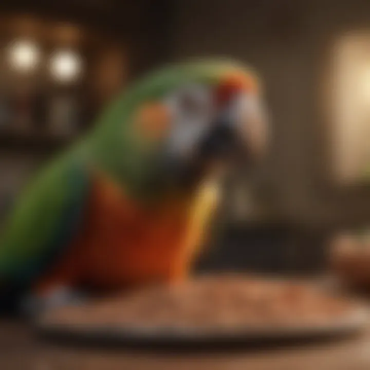 A close-up of a parrot enjoying a bowl of high-quality bird pellets.