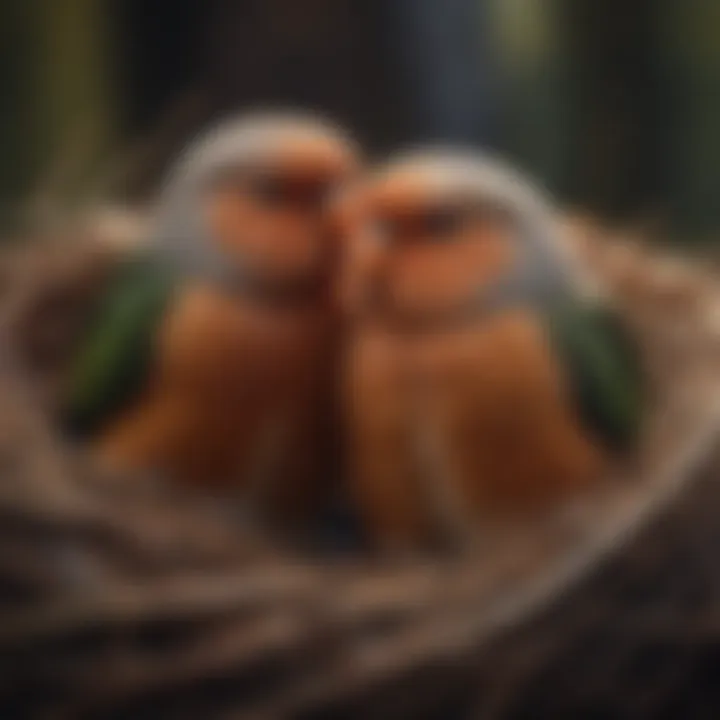 Lovebirds cuddling in a cozy nest