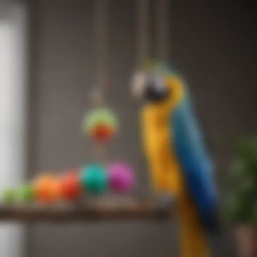 A vibrant macaw playing with a colorful hanging toy