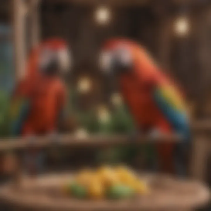 An interactive play gym for macaws featuring various activities