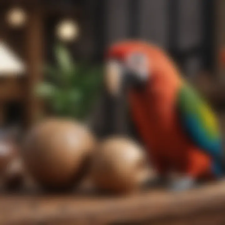 A selection of natural wood toys designed for macaws