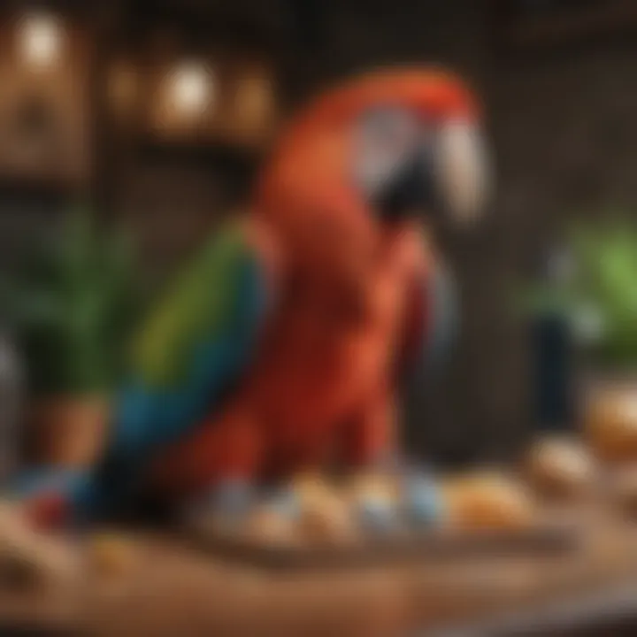 A macaw exploring a puzzle toy filled with treats