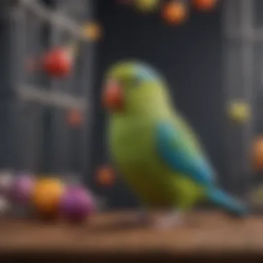 Colorful parrotlet toys hanging in a cage