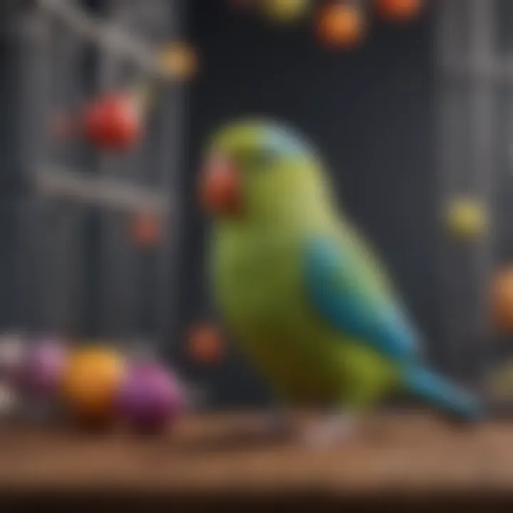 Colorful parrotlet toys hanging in a cage