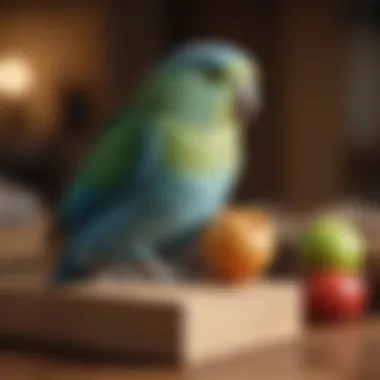 Parrotlet playing with a wooden chew toy