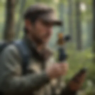 Birdwatcher Utilizing Technology A birdwatcher using a smartphone app to identify bird calls in nature