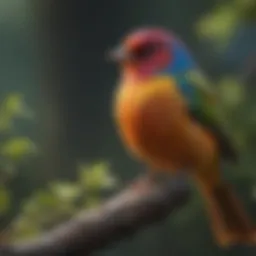 A close-up of a colorful bird perched on a branch, singing