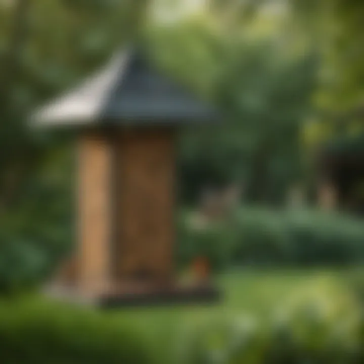 A serene garden setting featuring a bird feeder among lush greenery, enhancing the bird-friendly environment.