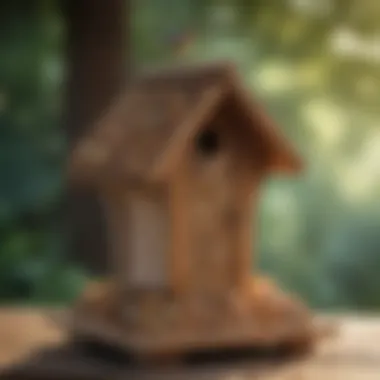 A close-up of a wooden bird feeder filled with seeds, attracting various birds.