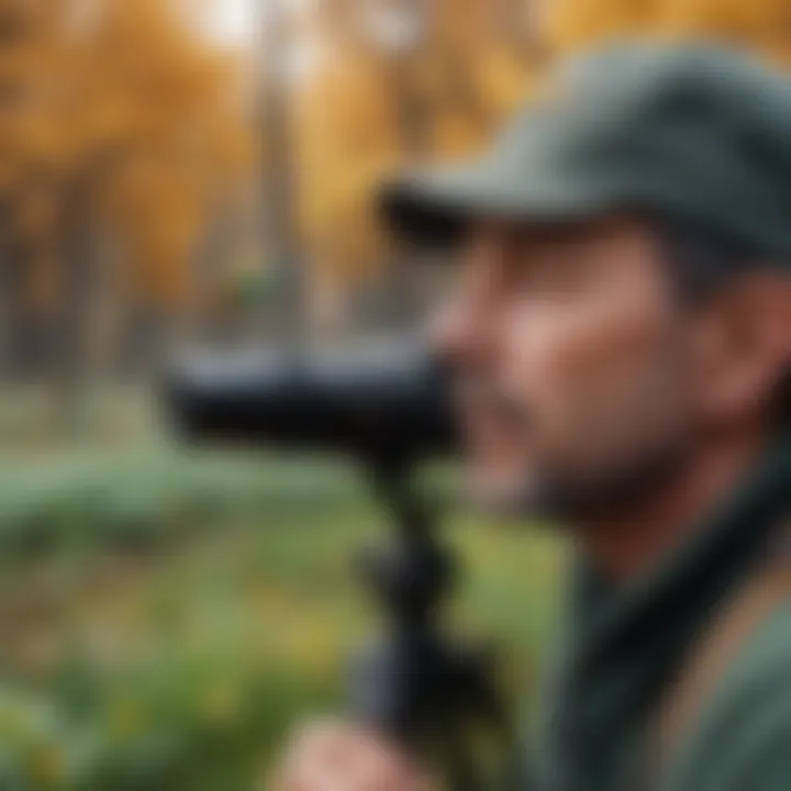 A birdwatcher observing colorful birds in a natural setting