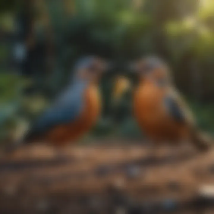 Birds interacting in a spacious outdoor environment.