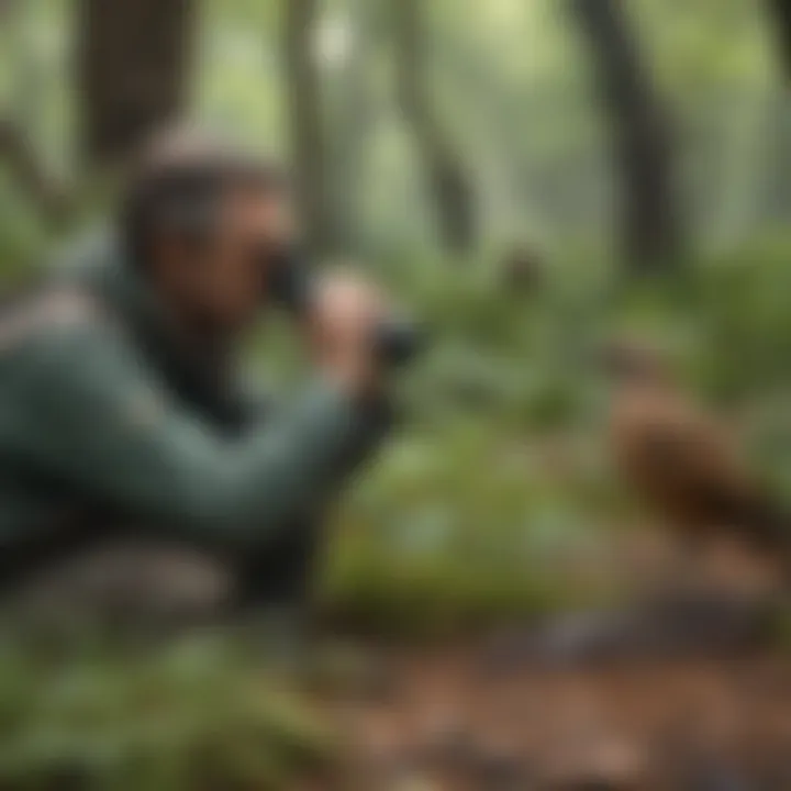 A birdwatcher observing various species through binoculars in a lush environment.