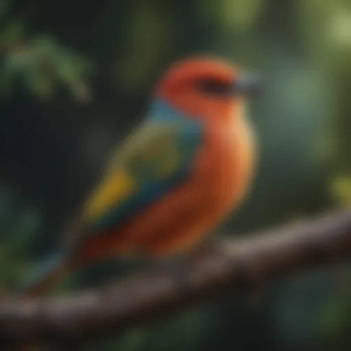 A close-up of a vibrant bird perched on a branch, showcasing intricate feather patterns.