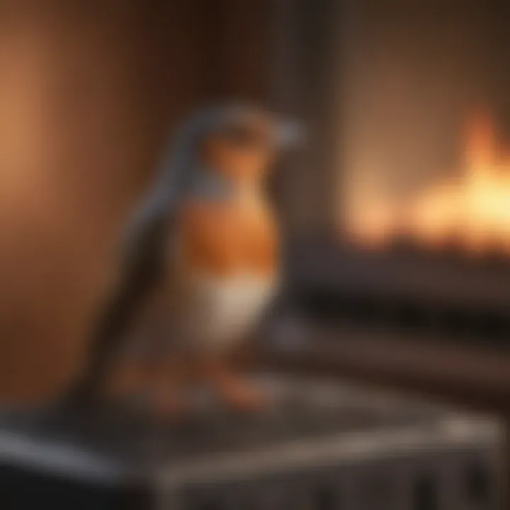 Close-up of a bird enjoying warmth from a heater