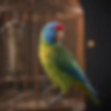 A vibrant bird-safe painted cage showcasing a colorful parakeet