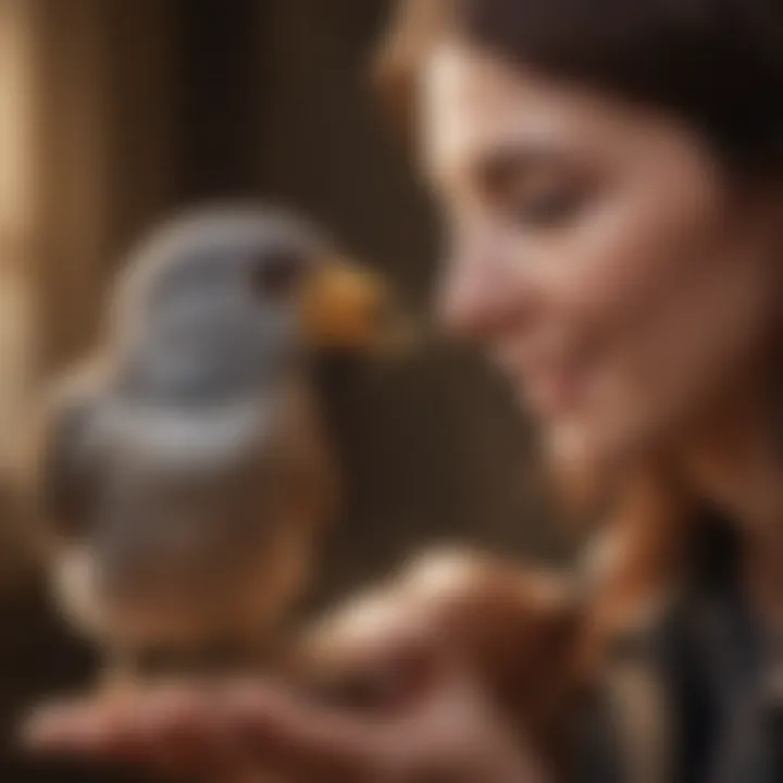 A caregiver interacting gently with a small bird, demonstrating the importance of trust and bonding.