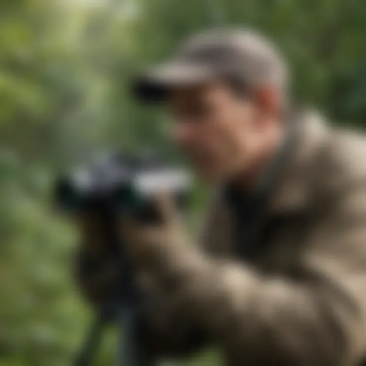 A birdwatcher using binoculars to observe birds in a lush environment.