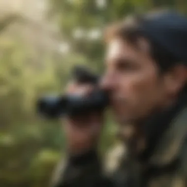 A close-up of a birdwatcher using binoculars, immersed in the experience of bird listening.