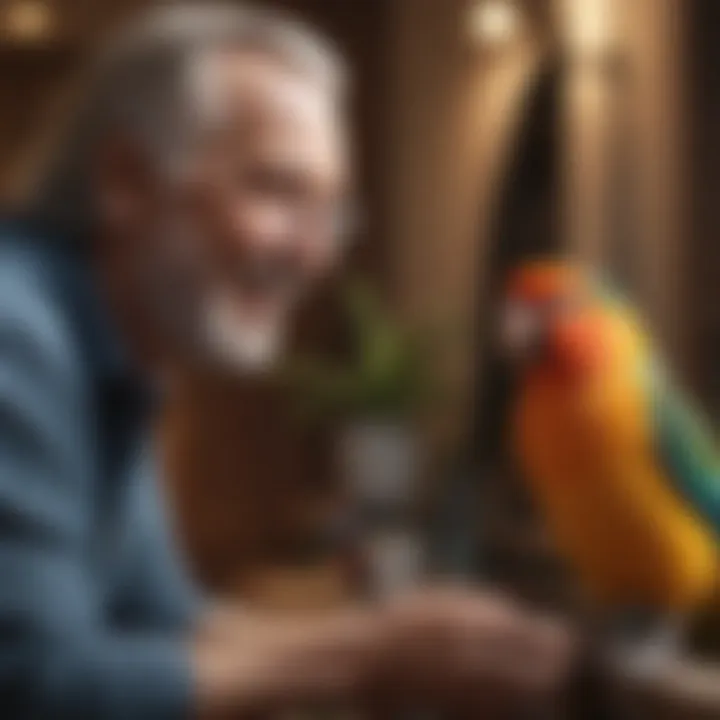 A joyful pet bird interacting with its owner in a home setting