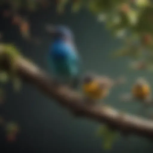 A diverse array of birds perched on a branch, showcasing their unique colors and features.