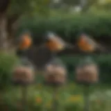 Various bird suet holders displayed in a garden setting