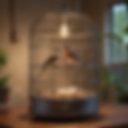 A cozy birdcage with a water heater installed, showcasing a comfortable setting for a pet bird.