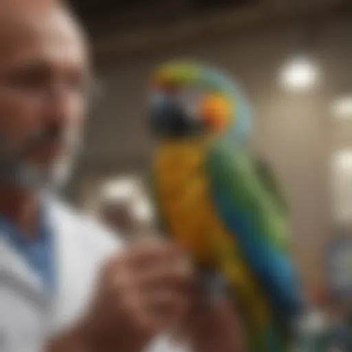 A vet examining a colorful parrot