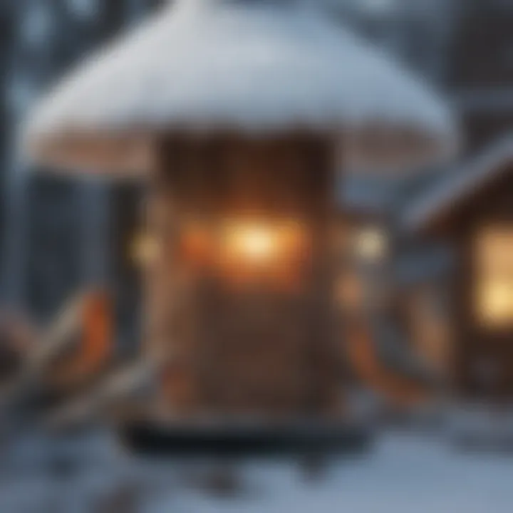 Close-up of birds feeding from a heated feeder during winter