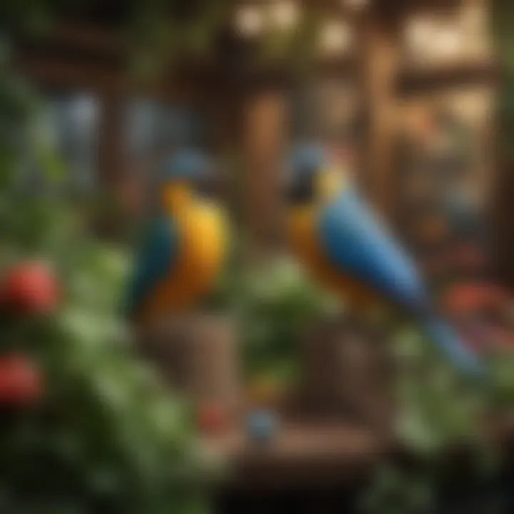 A colorful aviary filled with plants and toys