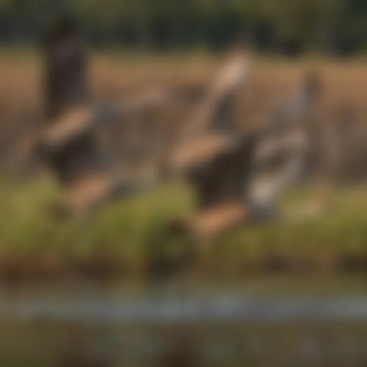 A flock of Sandhill Cranes gracefully flying over the wetlands during migration.