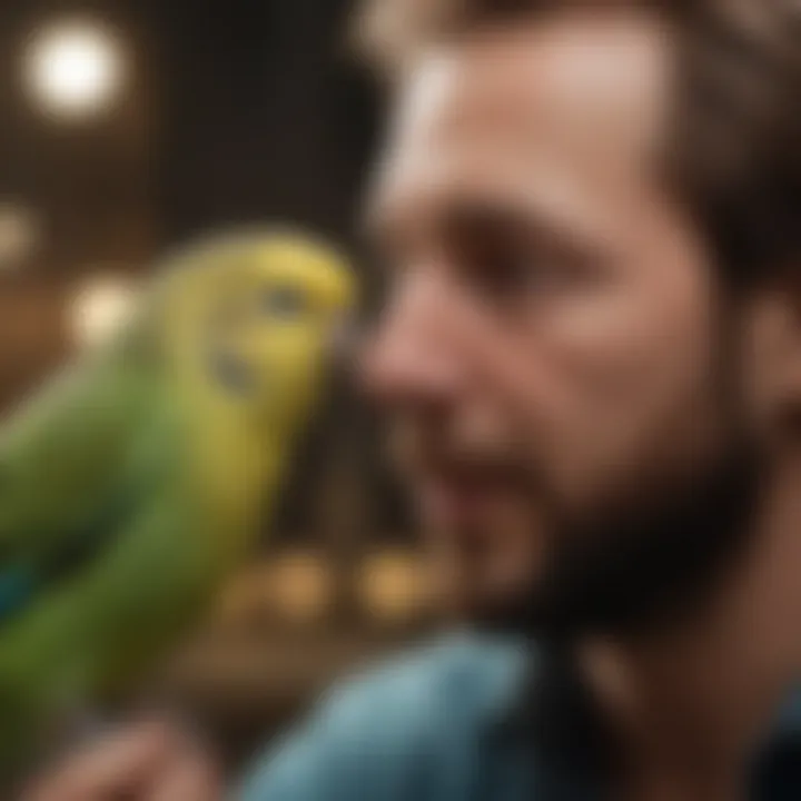 A bird owner engaging in interactive training with a talking budgie.