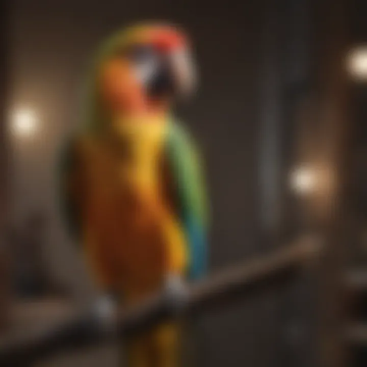 A vibrant parrot perched on a perch, demonstrating vocalization.