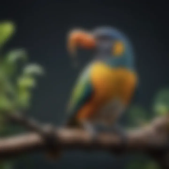 Colorful pet bird perched on a branch, observing its insect treat