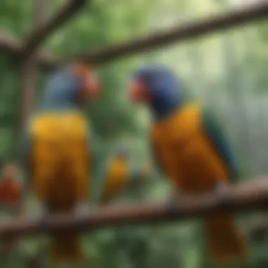 A diverse array of pet birds in a vibrant aviary, showcasing their natural behavior