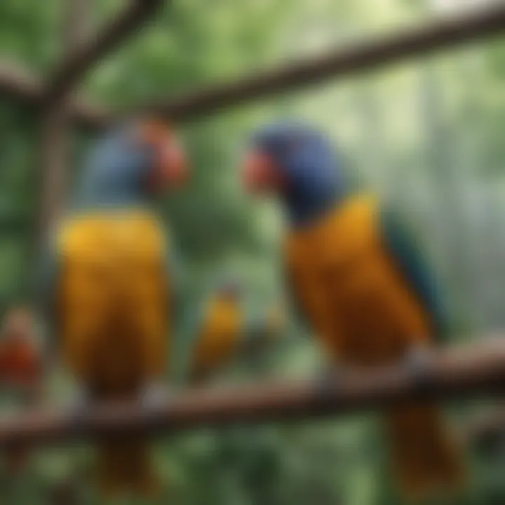 A diverse array of pet birds in a vibrant aviary, showcasing their natural behavior