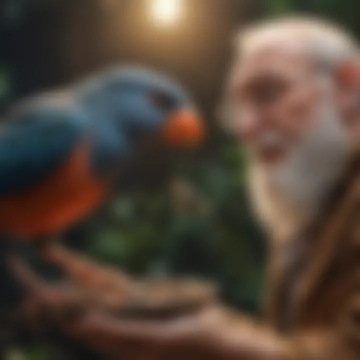 Bird owner gently offering insects to a curious pet bird