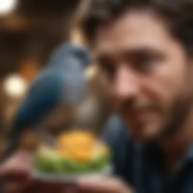 Bird owner bonding with a pet bird during feeding