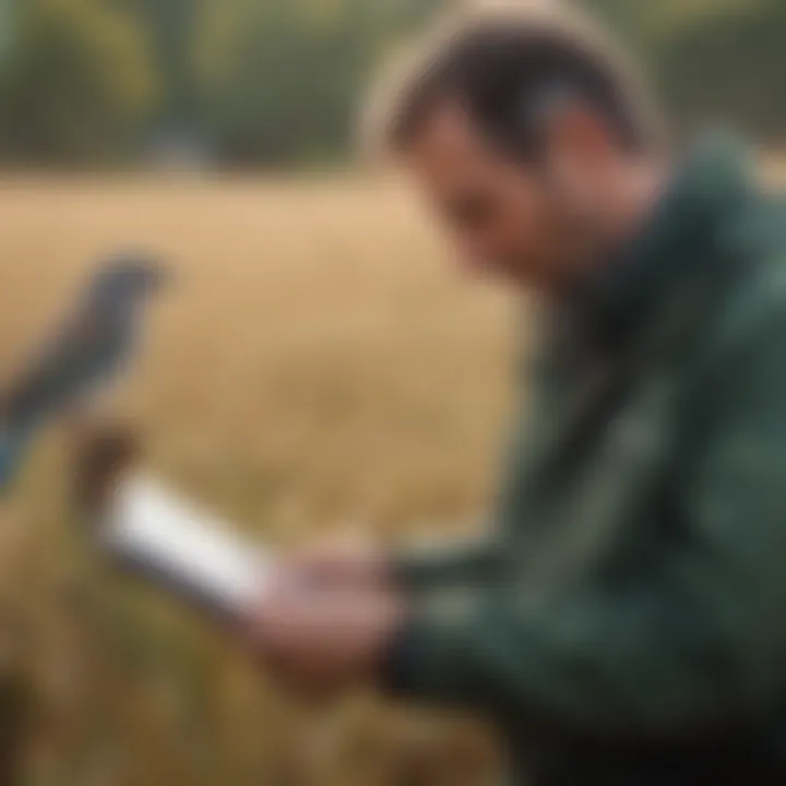 A close-up view of a birdwatcher using a guidebook in the field