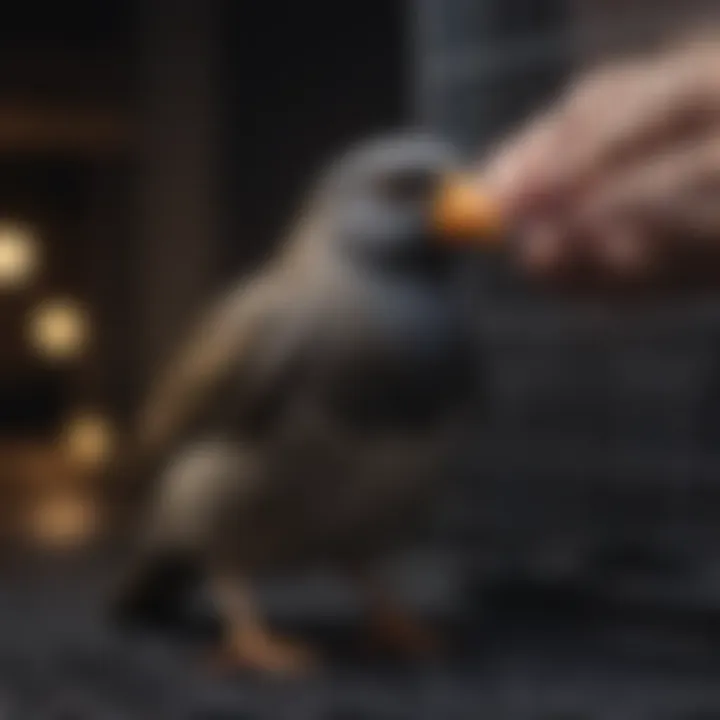 A bird owner carefully placing a blackout cover over a cage.