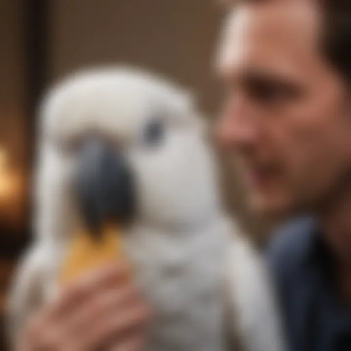 An engaging scene of a bird owner bonding with a cockatoo during treat time